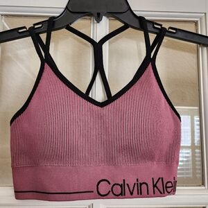 Calvin Klein Performance Ribbed Seamless Sports Bra Pink Strappy Back Small